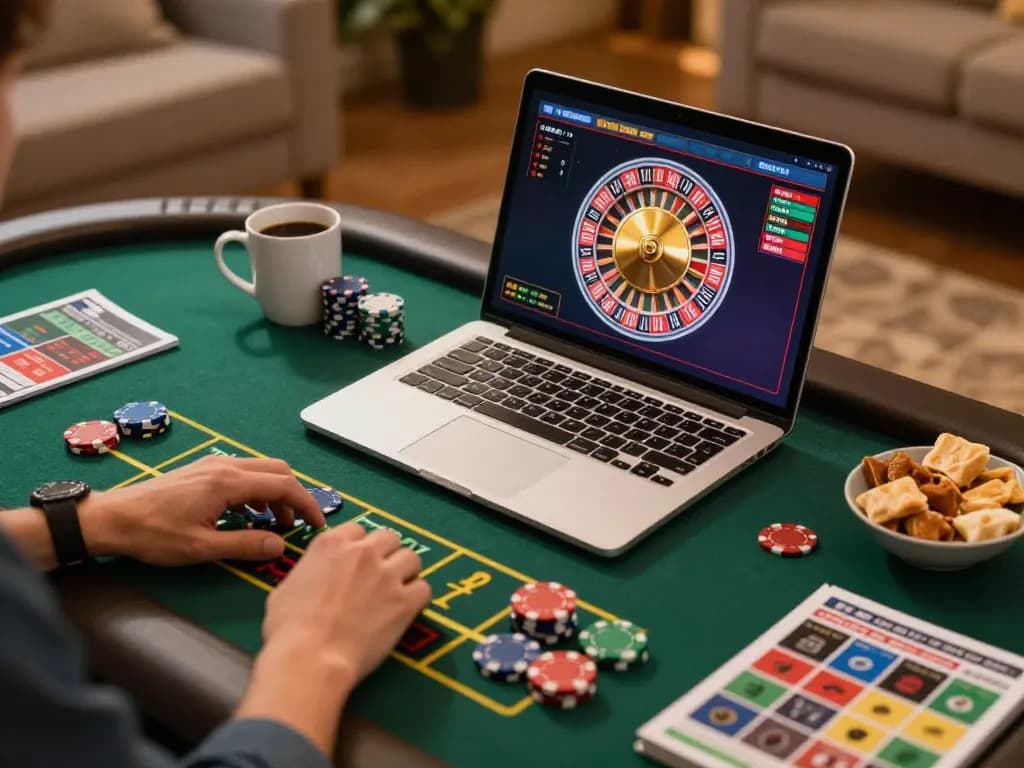 Engaging in online roulette while exploring du88 winning strategies in a cozy home setup.