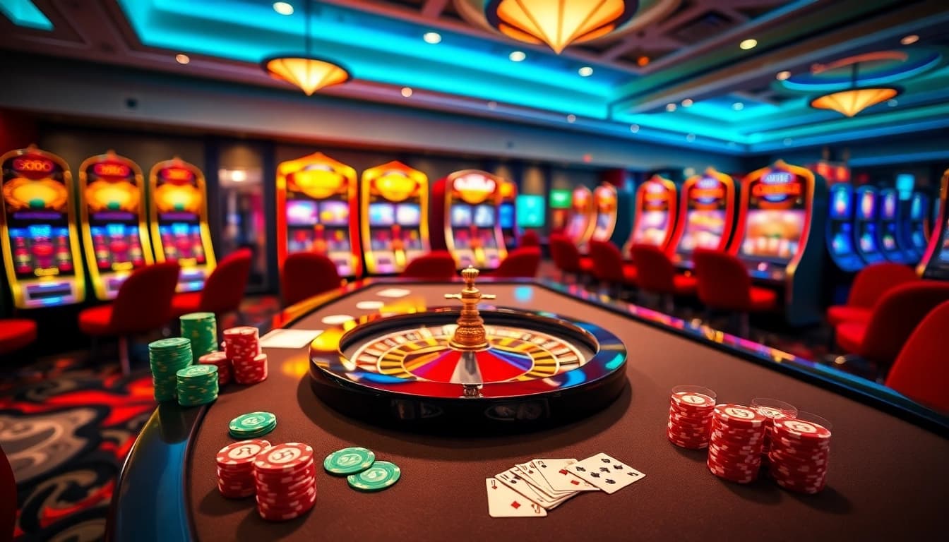 SODO Casino offers an exciting atmosphere with vibrant casino tables, poker chips, and slot machines.