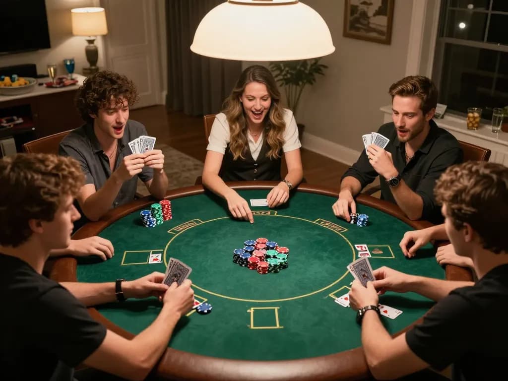 Players engage in poker while strategically assessing cards during home game night, highlighting imcatherinemcgrath's gaming strategies.