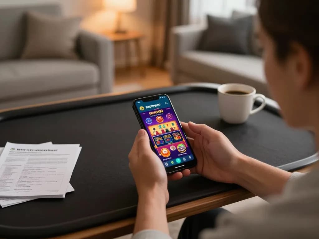 Terlibat dalam permainan mobile dengan aplikasi empire99 di lingkungan rumah yang nyaman, menunjukkan momen taruhan strategis