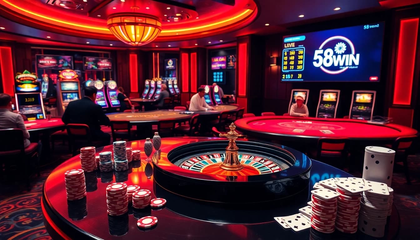Players enjoying a thrilling gaming experience at 58WIN casino with cards and chips.
