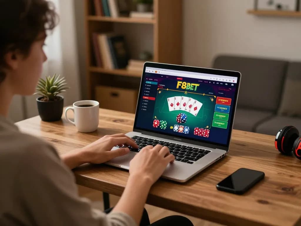 Engaging in online poker at F8BET with a cozy home office setup showcasing vibrant gaming action.