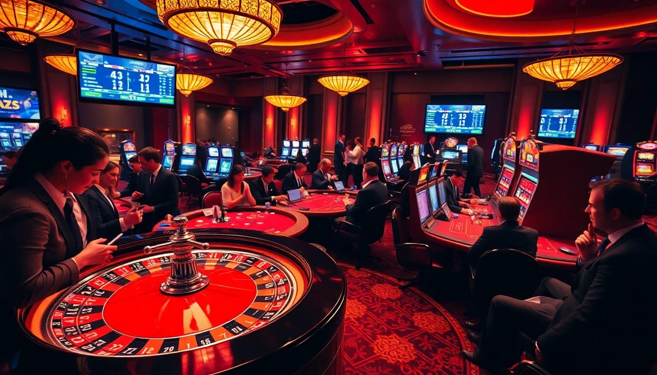 Kèo nhà cái 5 showcased in an exciting gambling scene with roulette, poker, and sports betting elements.