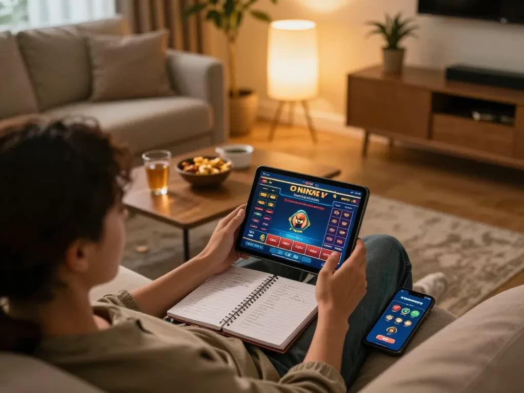 ONE88 user engaging in online casino gaming at home, showcasing strategic gameplay and a cozy atmosphere.