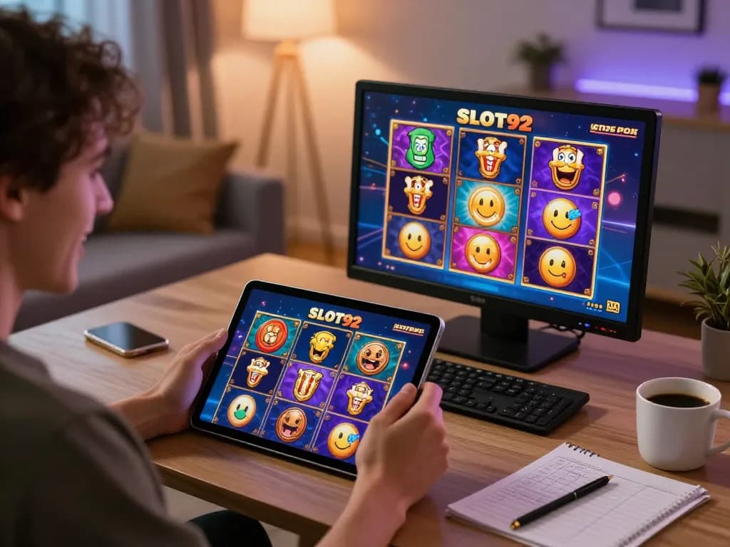 Engaging online gaming scene with slot92, showcasing a player excitedly enjoying a tablet slot game