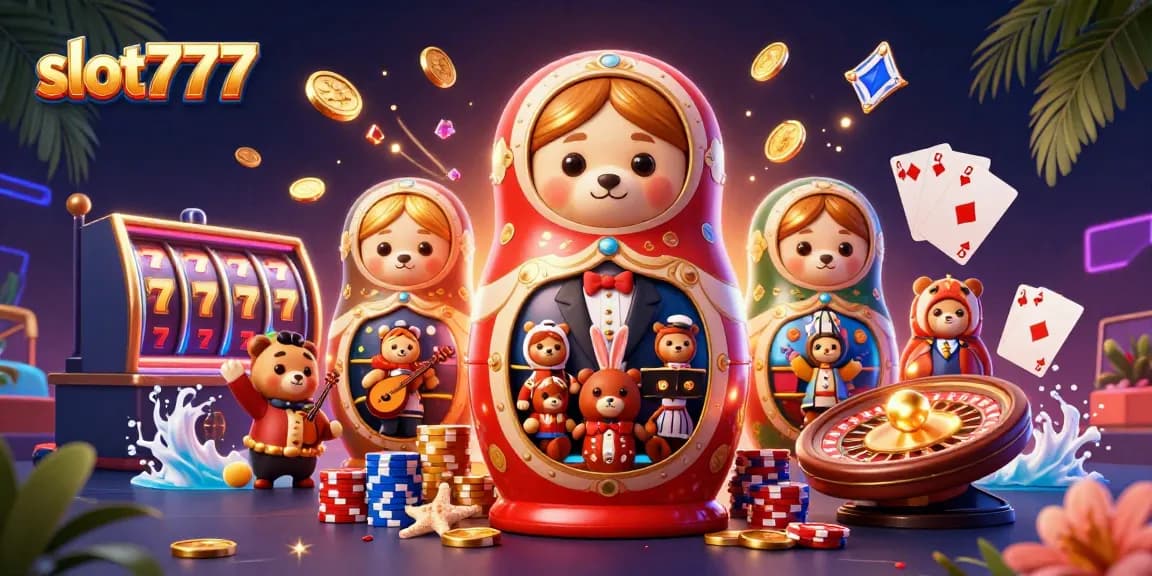 Spin the slots at slot777 with a vibrant 3D casino scene featuring animated characters and rich game elements.