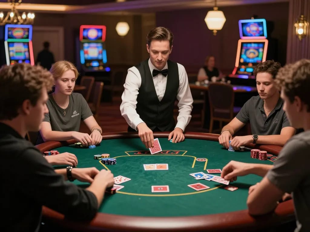 Luck8 players enjoying poker at an upscale casino table, capturing dynamic gameplay.