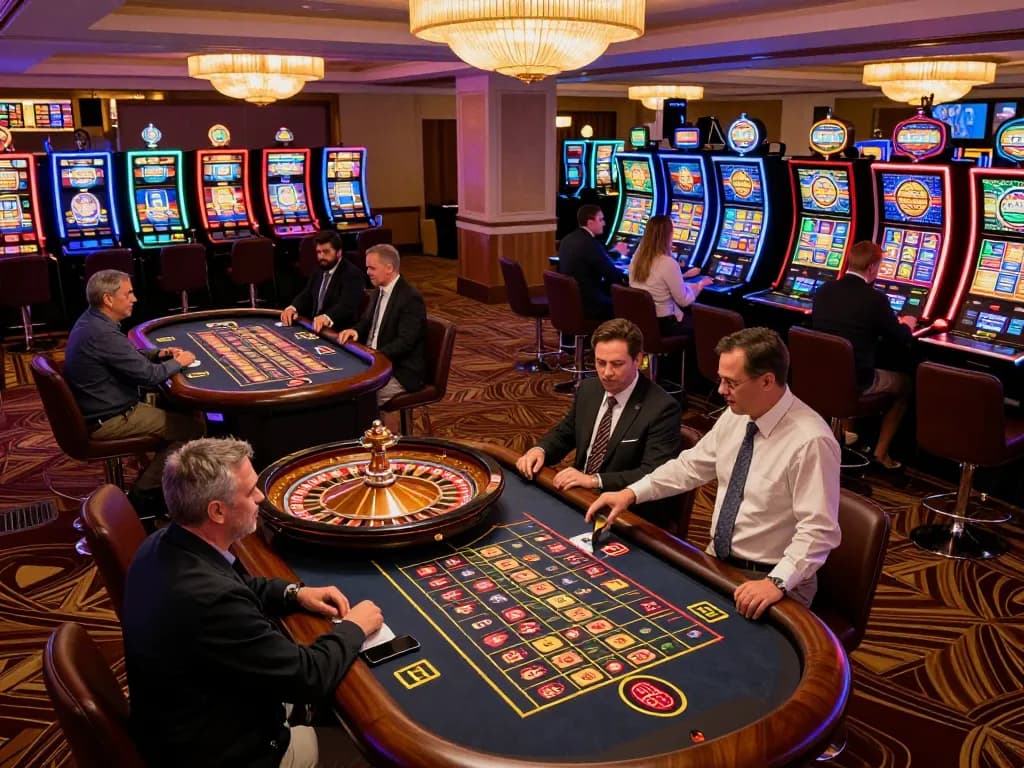 cm88 players enjoying roulette at a luxury casino with vibrant lights and elegant decor