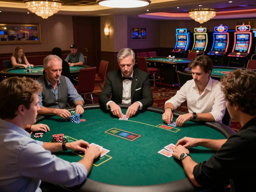 An exciting poker scene at a luxury casino showcasing players engrossed in the game during a thrilling session at gnk88.