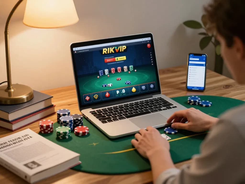 Player strategizing in an online poker game using RIKVIP, surrounded by poker chips and gaming notes.