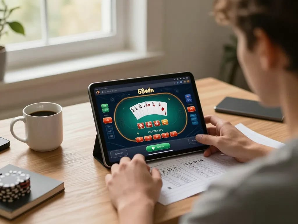 Engaging with the 68win gambling platform on a tablet while focusing on responsible gaming strategies.