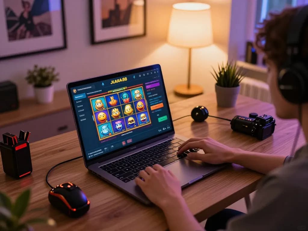 JUARA88 user enjoying a colorful slot online gaming session on a laptop in a stylish home office