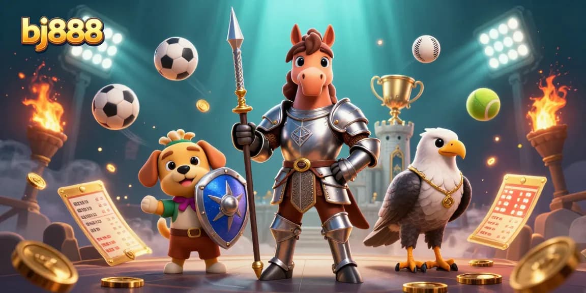 Bet on exciting games at bj888 with a medieval knight, a playful puppy, and a falcon in an action-packed casino scene.