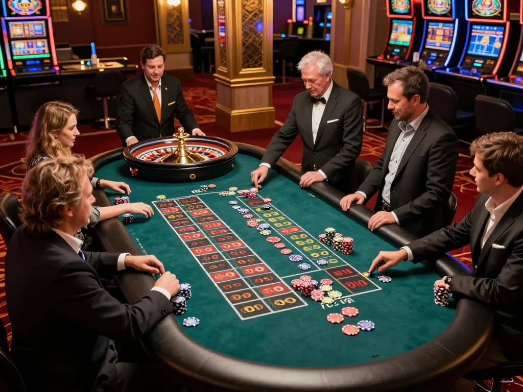 Selfieplasticsurgeries players excitedly place bets at a roulette table in a vibrant casino setting.