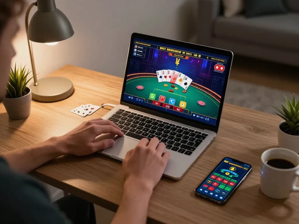 Engaged player at non UK casinos enjoying online poker on a laptop during a cozy session.