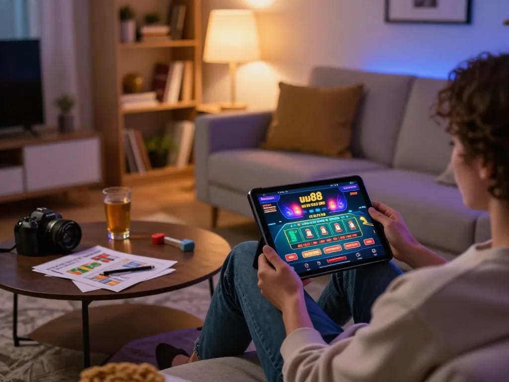 Explore strategic online gambling with uu88 at a cozy home setup featuring gaming tablet and strategy notes