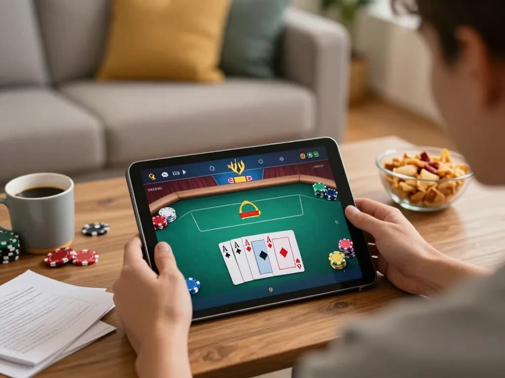 Pemain Dewi999 merancang strategi di tablet selama permainan poker online yang mendebarkan.