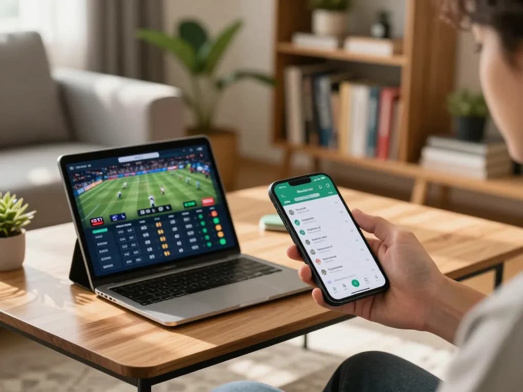 Engaging in kèo nhà cái sports betting app on smartphone in a cozy living room environment