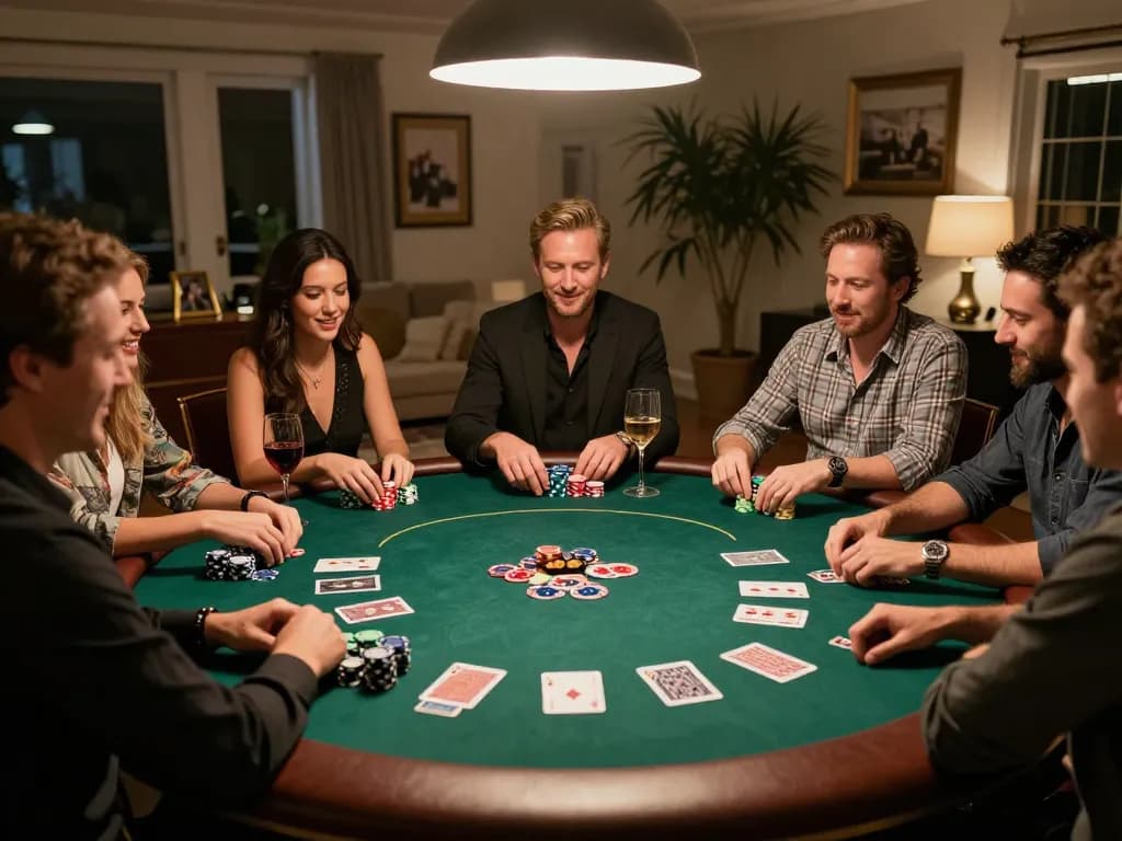 Pemain BOM88 menikmati malam permainan poker yang mendebarkan bersama teman-teman di rumah, menampilkan chip dan kartu.
