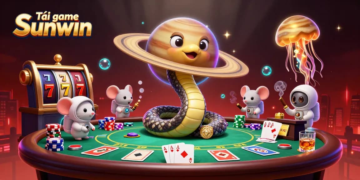 Engage in Tải game Sunwin with a vibrant 3D scene of characters betting at a cosmic casino.