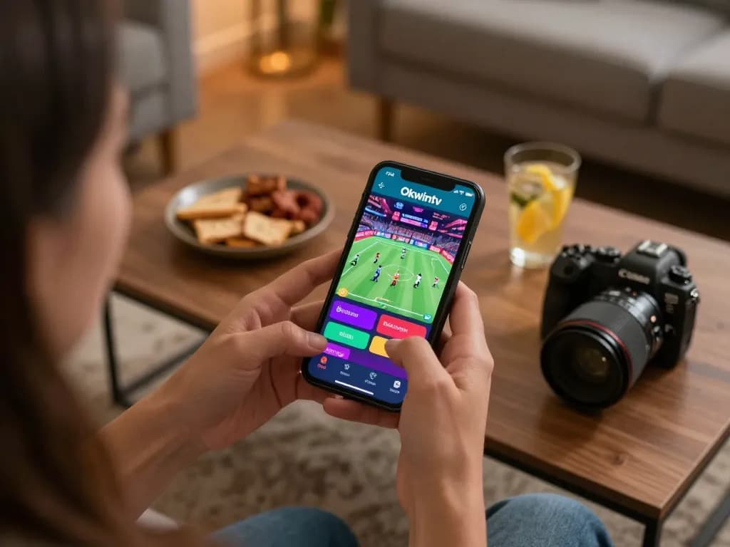 Okwintv user engaging in live sports betting on smartphone in a cozy home setting