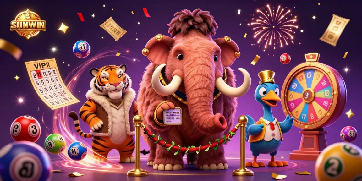 Experience the excitement at SUNWIN with a vibrant casino scene featuring a woolly mammoth, saber-tooth tiger, and dodo bird.