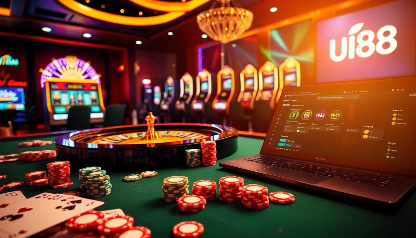 Experience thrilling gameplay at uu88 with vibrant casino tables, colorful chips, and exciting slot machines.