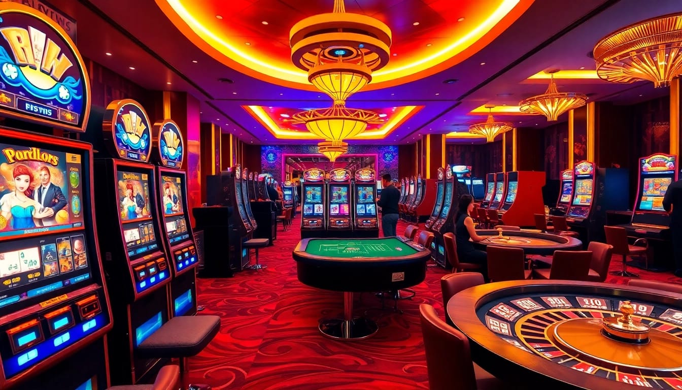 Engaging scene of a PG SLOT area in a vibrant casino with stylish slot machines and players cheering