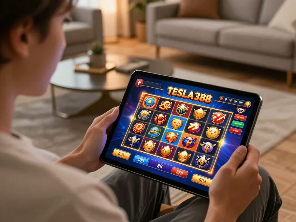 Engaging experience with TESLA388 online gaming platform's exciting slot games in a cozy home setting.