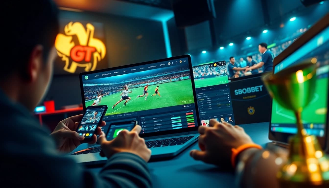 SBOBET online sports betting interface showcasing vibrant games and excited users interacting with digital platforms.