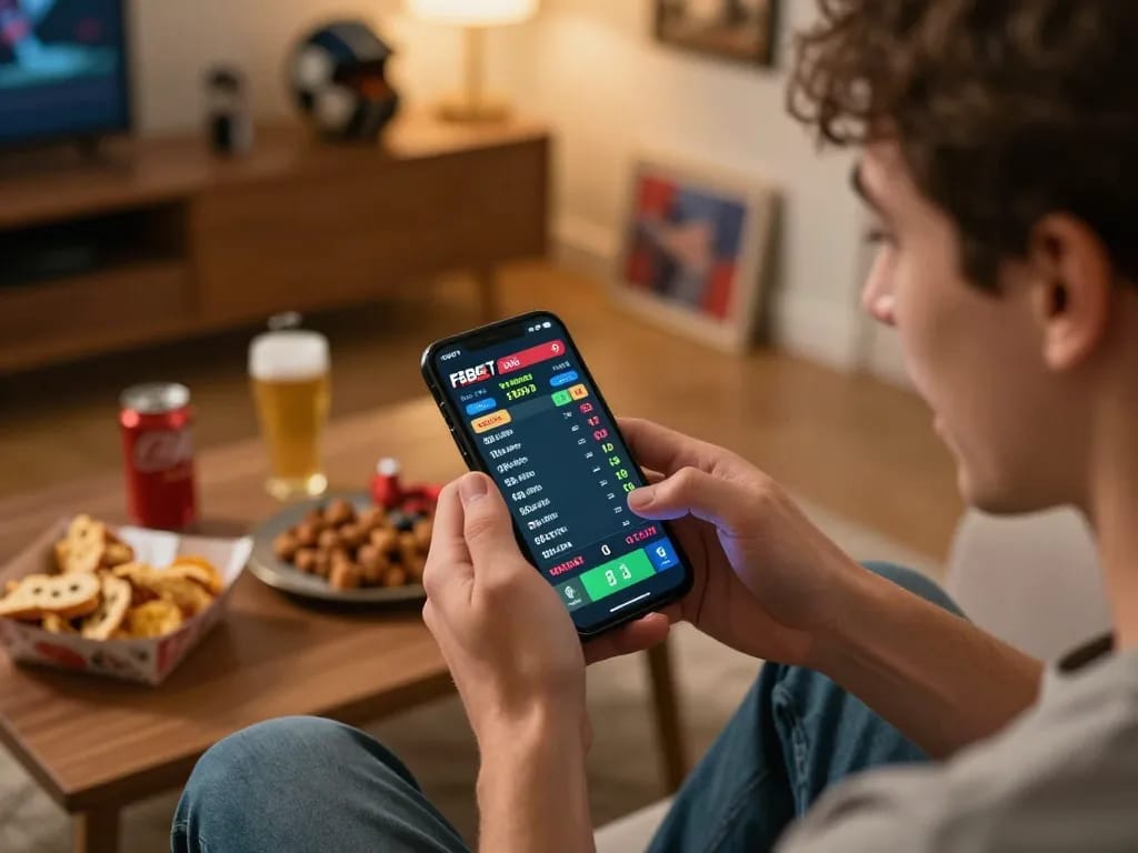 F8BET user actively places live bets on a smartphone in a vibrant home sports betting scene.