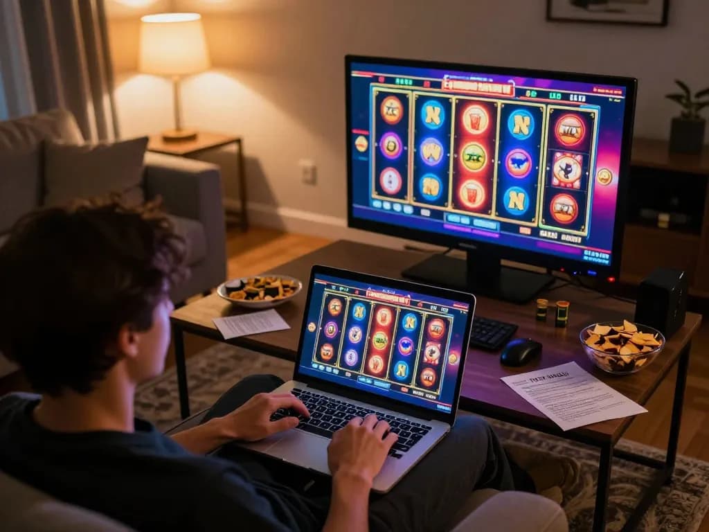 Engaging online slot gameplay at home with the user navigating to288 interface on a laptop.