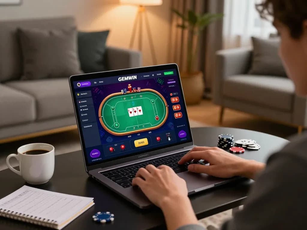 Engaged player enjoying GEMWIN casino app on laptop during evening gaming session.