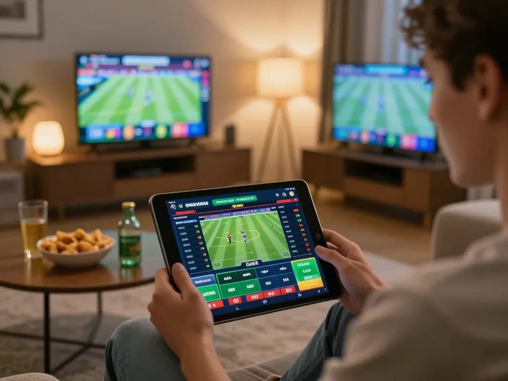 Engaging scene of trang chủ 789win in action with live sports betting shown on a tablet in a cozy home setting.