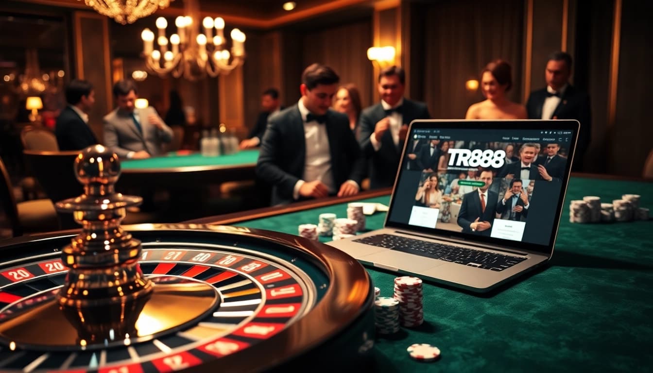 Playing casino games with TR88 platform displayed on a laptop amid poker chips and cards.