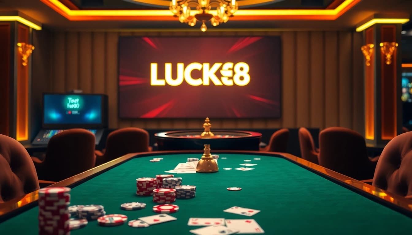LUCK8 casino table featuring poker chips and cards, creating an exciting betting atmosphere.