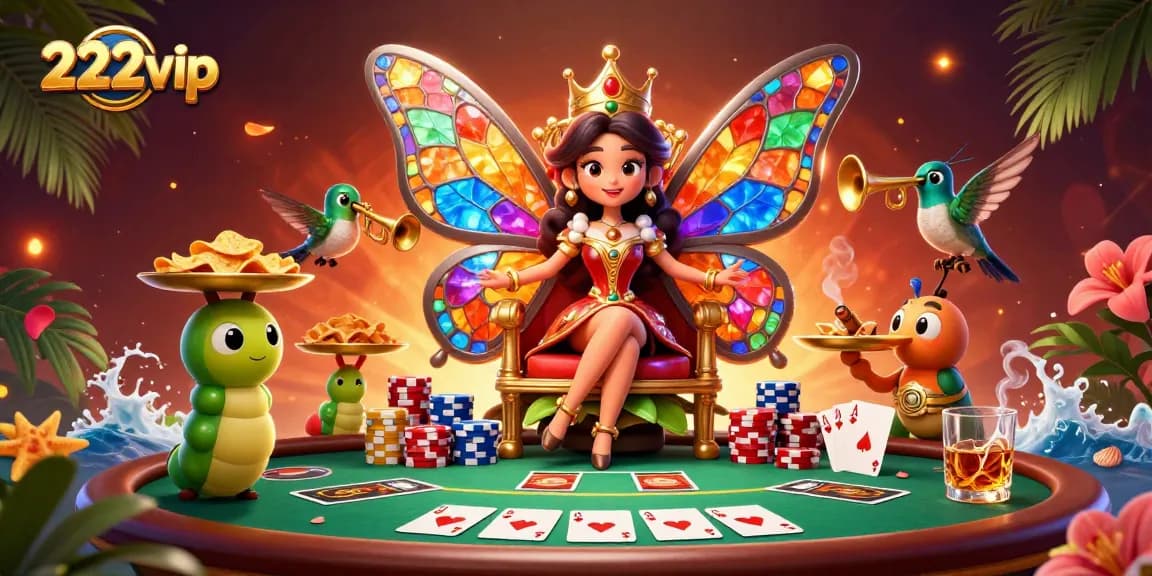 Explorando opções de apostas no 222vip com uma rainha borboleta e elementos de poker.