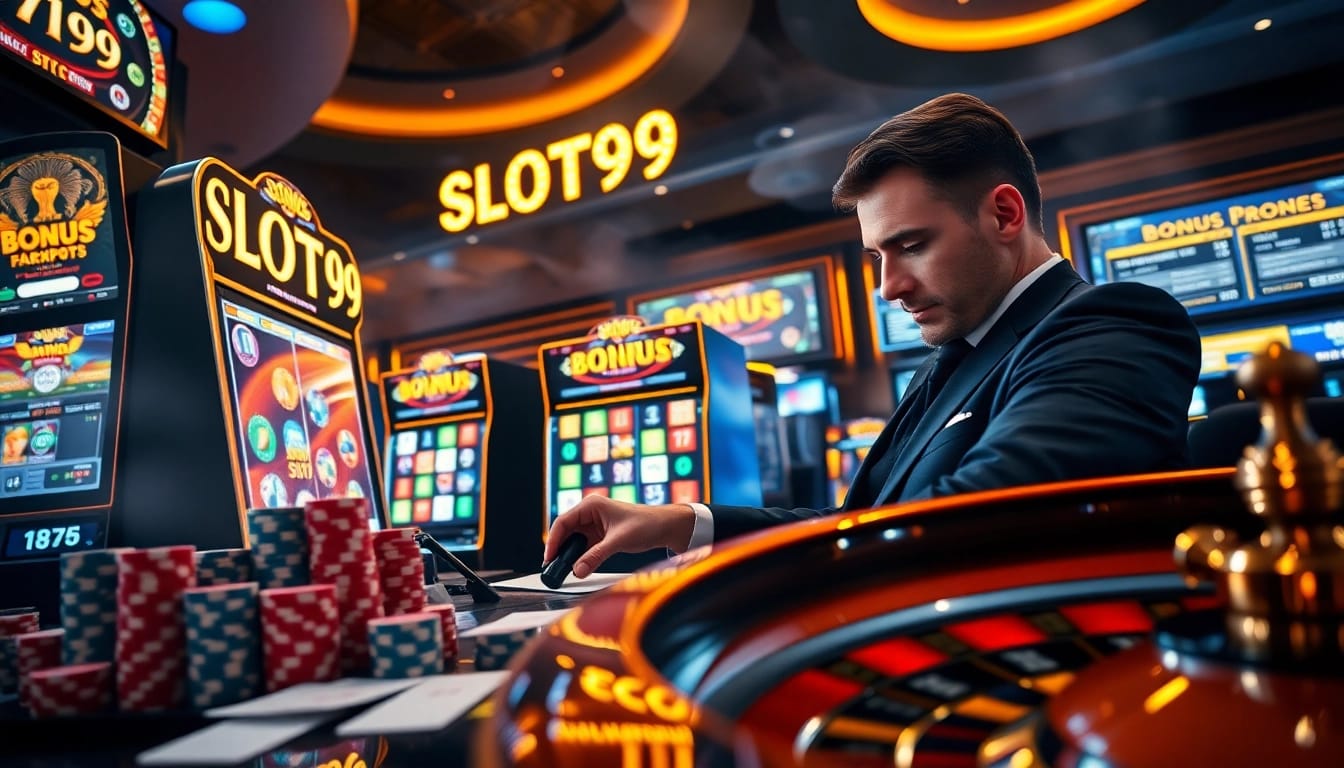 SLOT99 slot machine lever pulled by focused gambler amid vibrant casino chips and bonus screens