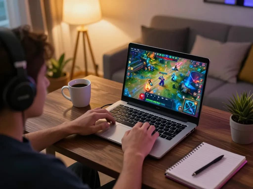 Engaging player focused on a game bài session on their laptop with cozy home ambiance.