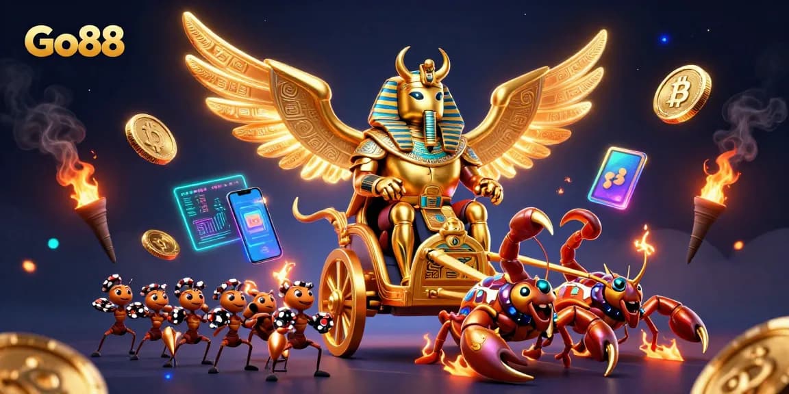 Engage in thrilling gameplay at Go88 with golden scarab beetles and casino elements in an exciting 3D scene.