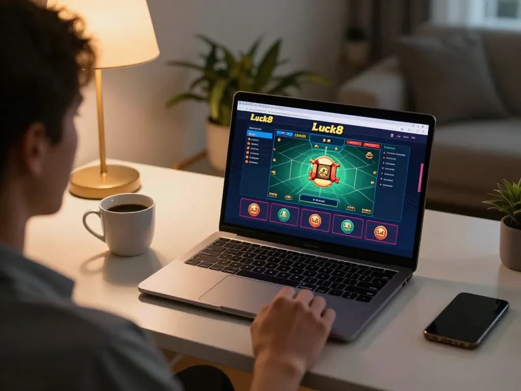 Player engaging with Luck8 online casino interface on laptop, showcasing dynamic gameplay.
