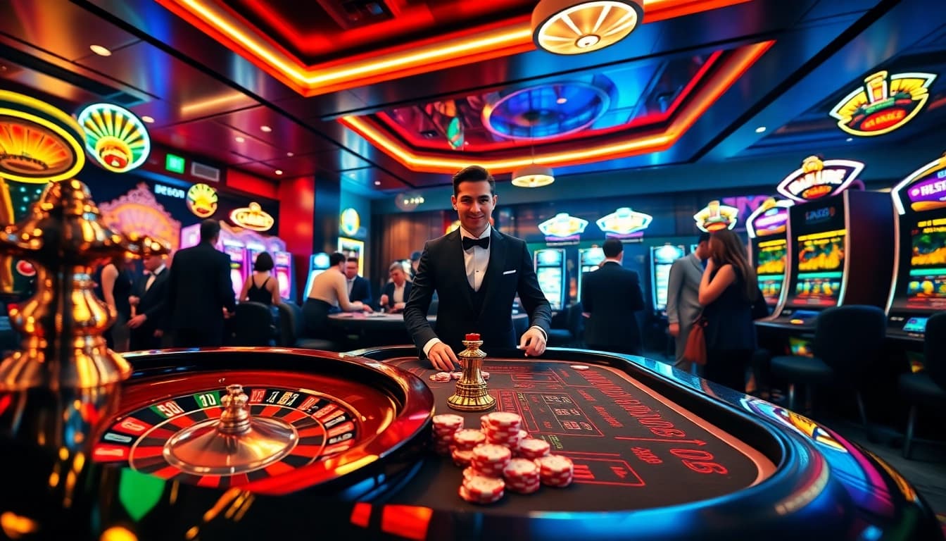 RR88 players engaging at a vibrant casino table, showcasing excitement and luxury in gambling.