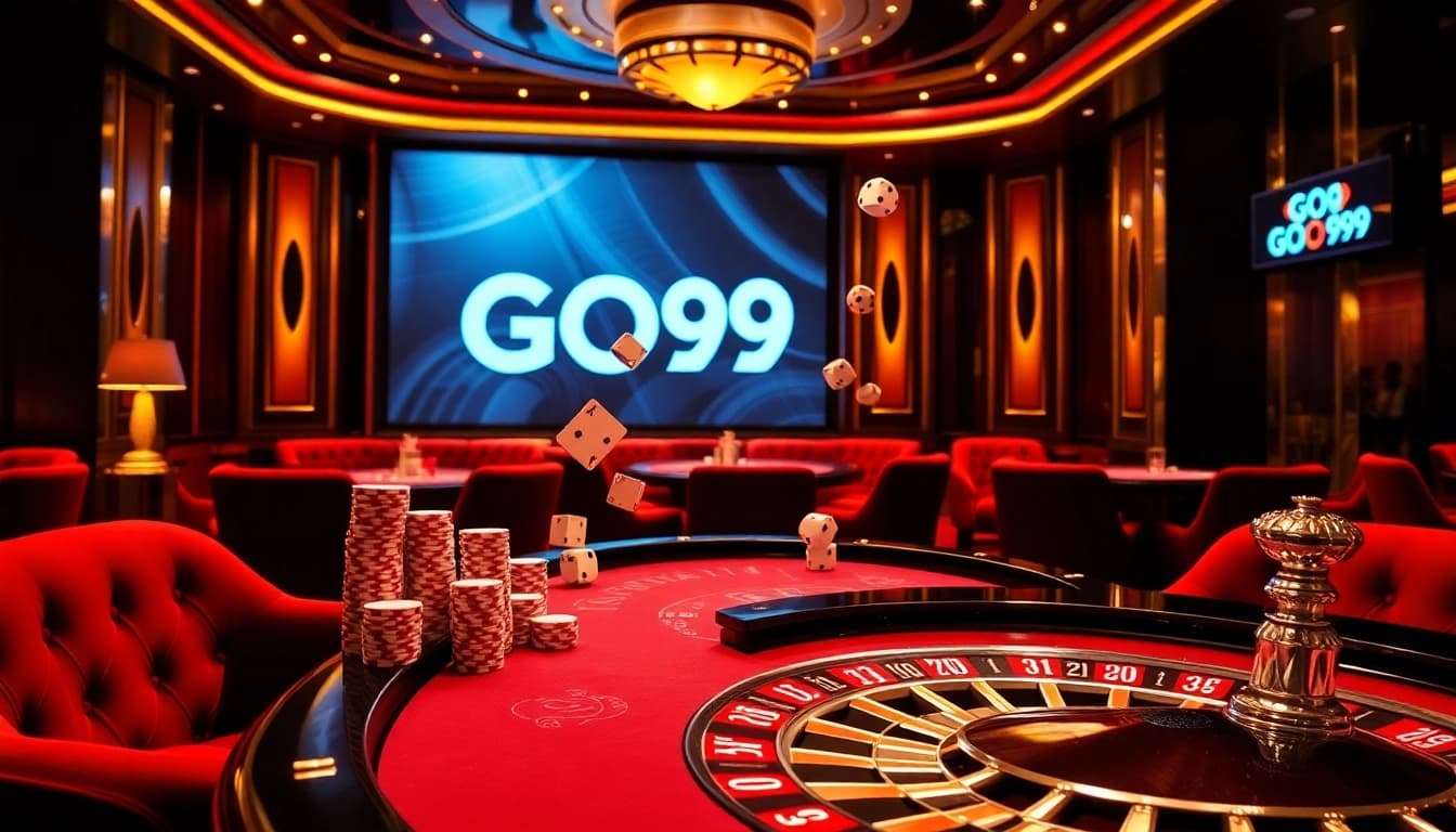 Experience the excitement of GO99 at a luxurious casino table with poker chips and dice.