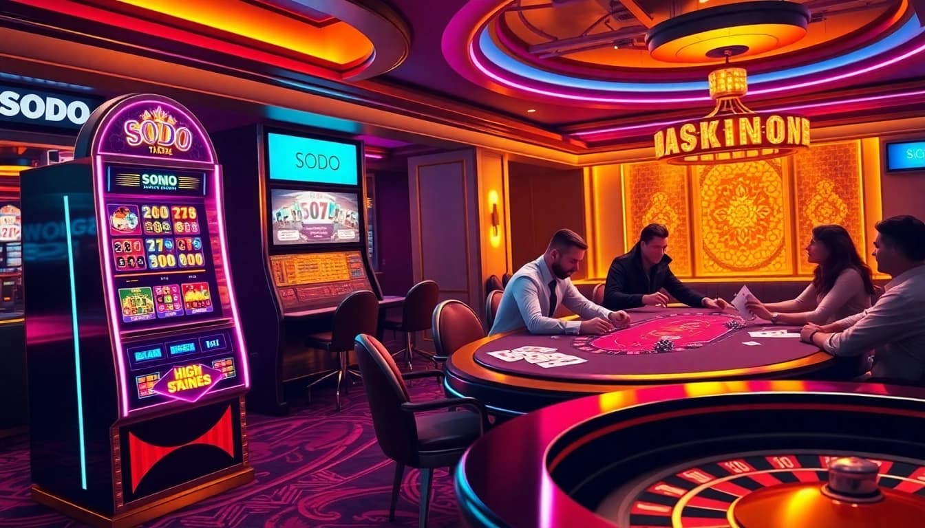 SODO-themed slot machine and high-stakes poker players in an elegant casino setting.