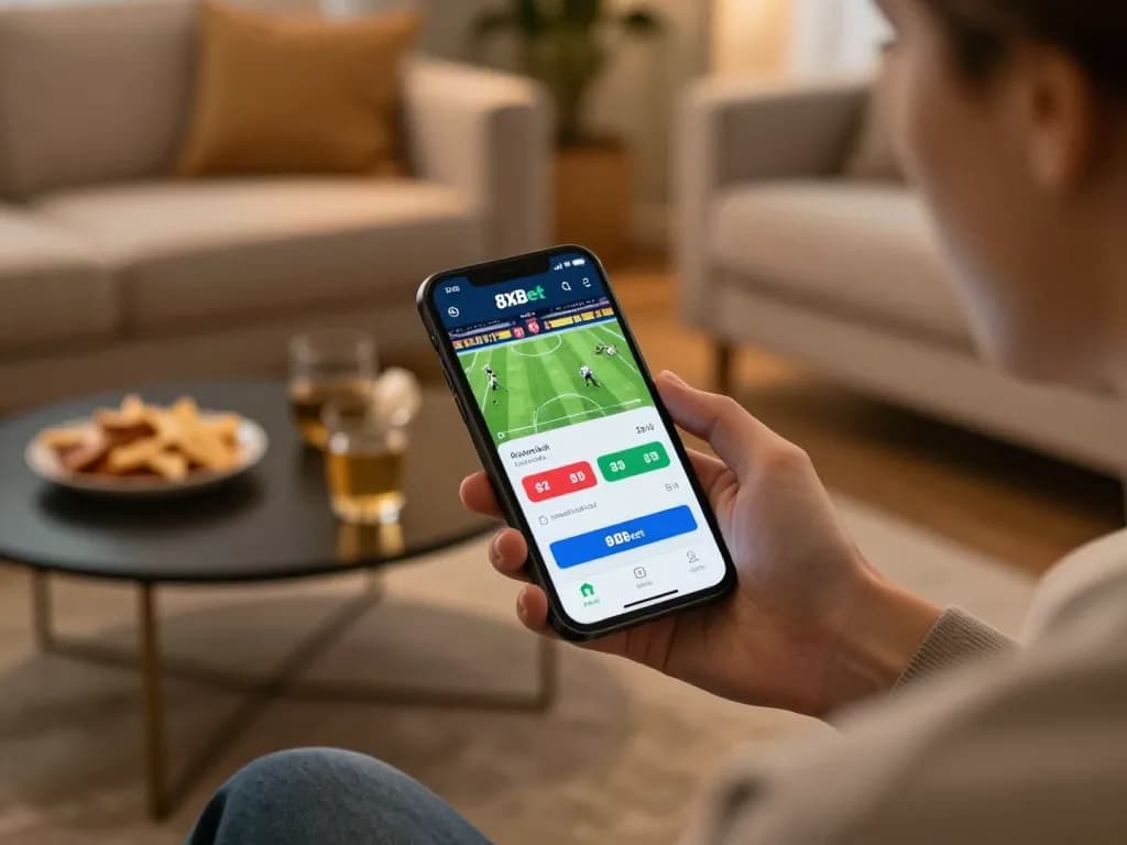 Betting on sports through the 8xbet app on a smartphone in a cozy home setting, showcasing modern gambling.