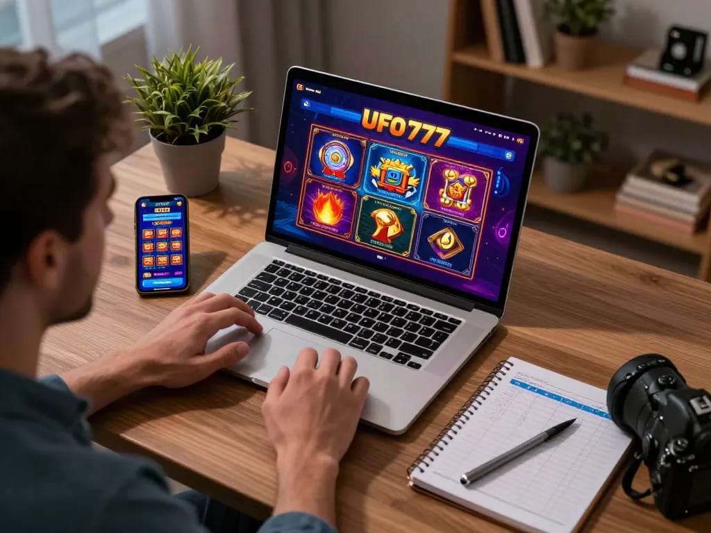 Engaging with UFO777 online casino platform in a cozy home setup for strategic gaming.