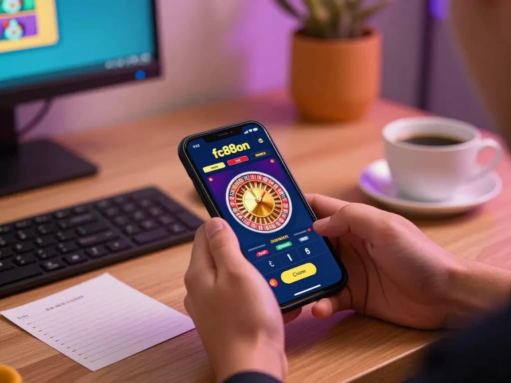 Engaging user experiencing fc88on mobile casino gaming, with live roulette on screen and strategic notes