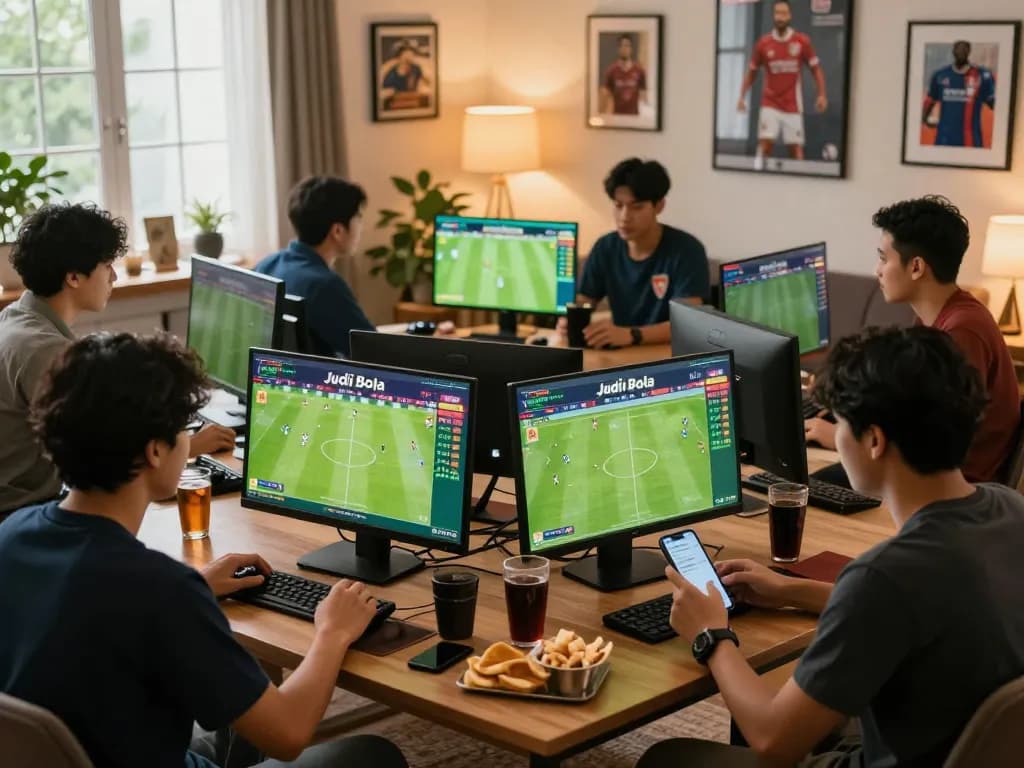 Engaging scene showcasing Judi Bola enthusiasts discussing football bets in a lively setting.