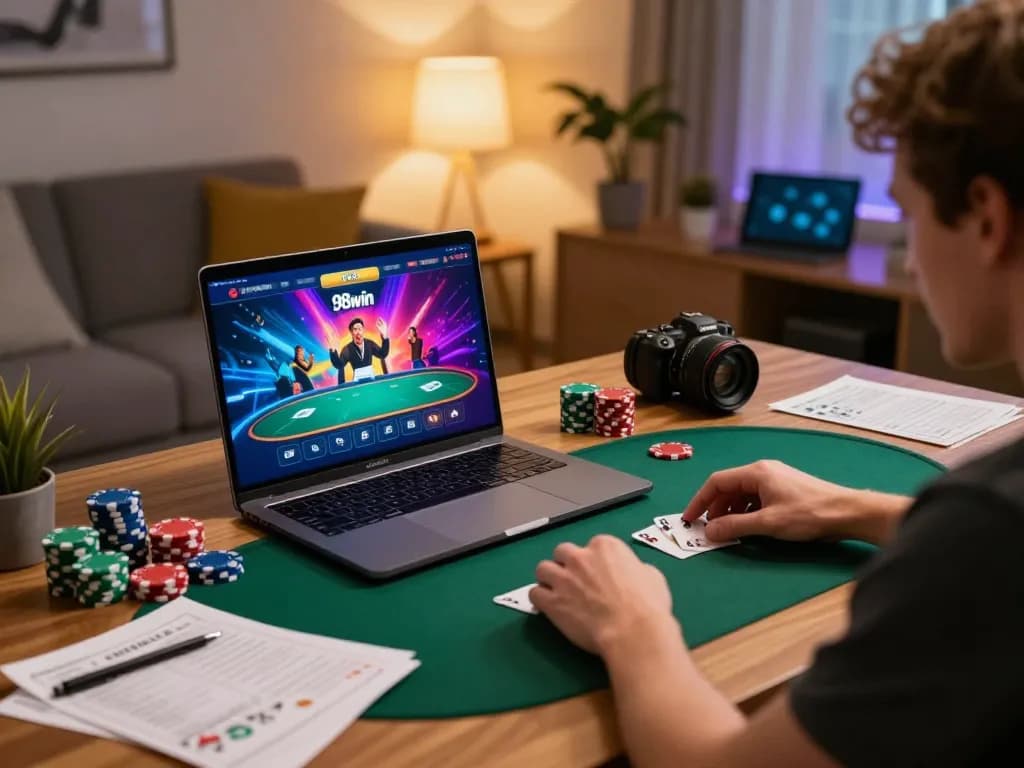 Engaging with the 98win online poker interface, showcasing a strategic gaming moment in a cozy home setup