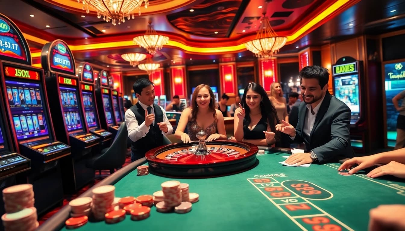 Engaging scene of gamblers enjoying their time at LEGO138 casino with bright slot machines and poker tables.